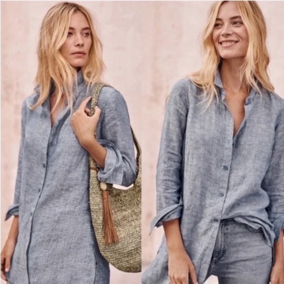 Garnet Hill Easy Linen Tunic Grey Gray Button Shirt Coastal Vacation Petite S - Picture 13 of 16